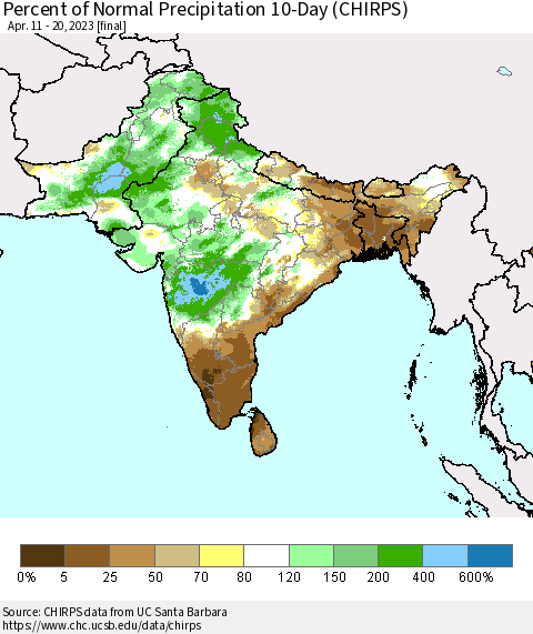 Southern Asia Percent of Normal Precipitation 10-Day (CHIRPS) Thematic Map For 4/11/2023 - 4/20/2023
