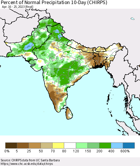 Southern Asia Percent of Normal Precipitation 10-Day (CHIRPS) Thematic Map For 4/16/2023 - 4/25/2023