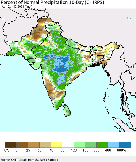 Southern Asia Percent of Normal Precipitation 10-Day (CHIRPS) Thematic Map For 4/21/2023 - 4/30/2023
