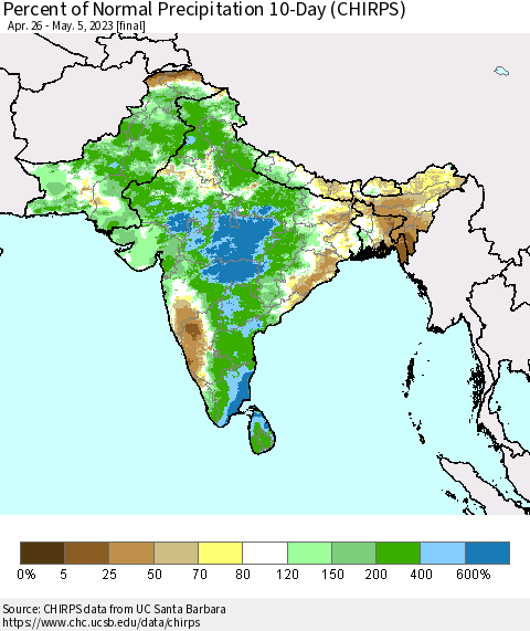 Southern Asia Percent of Normal Precipitation 10-Day (CHIRPS) Thematic Map For 4/26/2023 - 5/5/2023