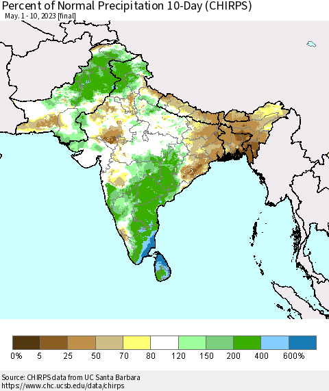 Southern Asia Percent of Normal Precipitation 10-Day (CHIRPS) Thematic Map For 5/1/2023 - 5/10/2023