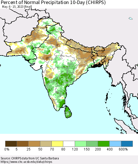 Southern Asia Percent of Normal Precipitation 10-Day (CHIRPS) Thematic Map For 5/6/2023 - 5/15/2023