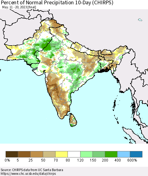 Southern Asia Percent of Normal Precipitation 10-Day (CHIRPS) Thematic Map For 5/11/2023 - 5/20/2023