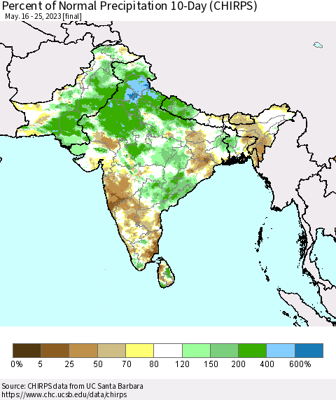 Southern Asia Percent of Normal Precipitation 10-Day (CHIRPS) Thematic Map For 5/16/2023 - 5/25/2023