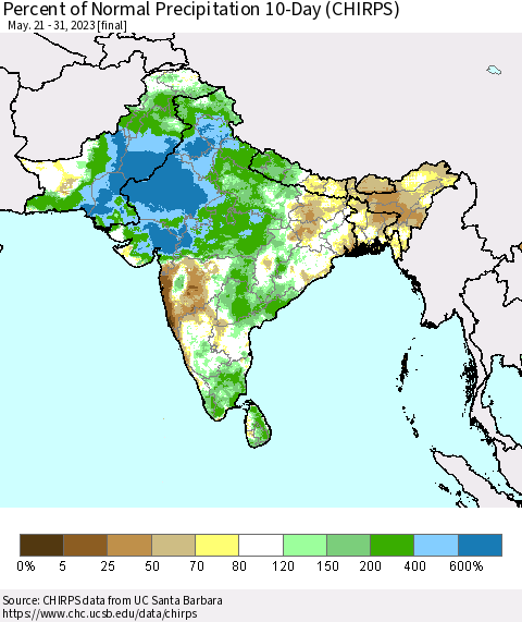 Southern Asia Percent of Normal Precipitation 10-Day (CHIRPS) Thematic Map For 5/21/2023 - 5/31/2023