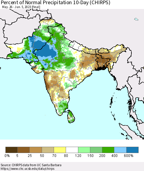 Southern Asia Percent of Normal Precipitation 10-Day (CHIRPS) Thematic Map For 5/26/2023 - 6/5/2023