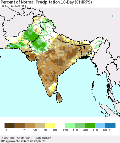 Southern Asia Percent of Normal Precipitation 10-Day (CHIRPS) Thematic Map For 6/1/2023 - 6/10/2023