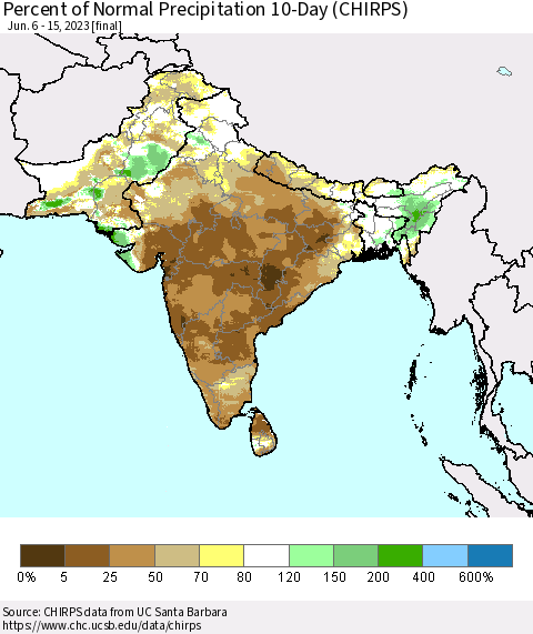 Southern Asia Percent of Normal Precipitation 10-Day (CHIRPS) Thematic Map For 6/6/2023 - 6/15/2023