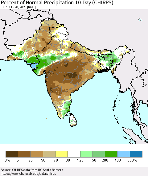 Southern Asia Percent of Normal Precipitation 10-Day (CHIRPS) Thematic Map For 6/11/2023 - 6/20/2023