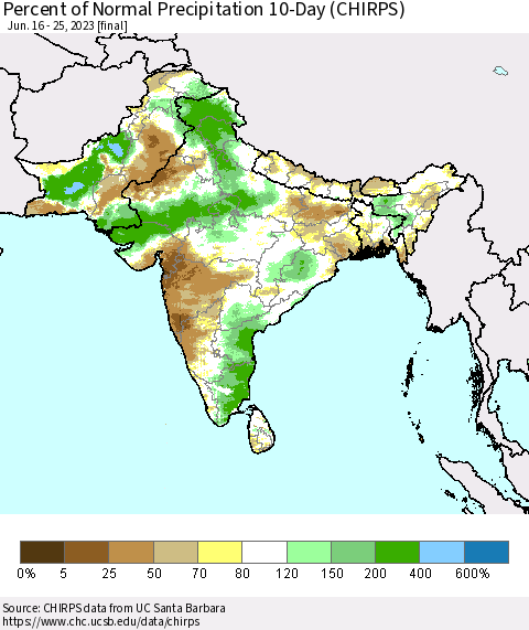 Southern Asia Percent of Normal Precipitation 10-Day (CHIRPS) Thematic Map For 6/16/2023 - 6/25/2023