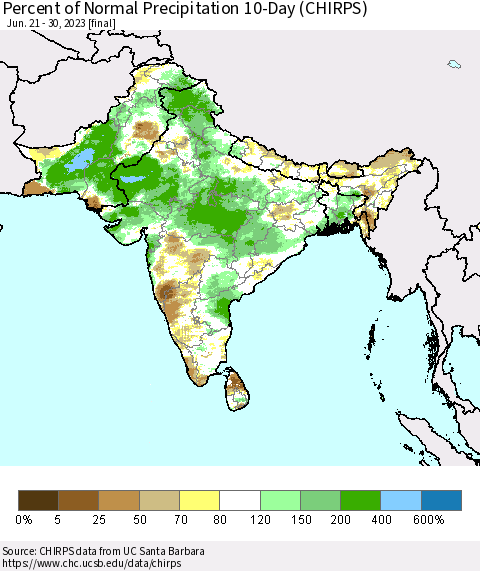 Southern Asia Percent of Normal Precipitation 10-Day (CHIRPS) Thematic Map For 6/21/2023 - 6/30/2023