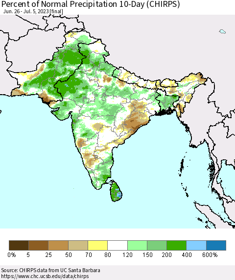 Southern Asia Percent of Normal Precipitation 10-Day (CHIRPS) Thematic Map For 6/26/2023 - 7/5/2023