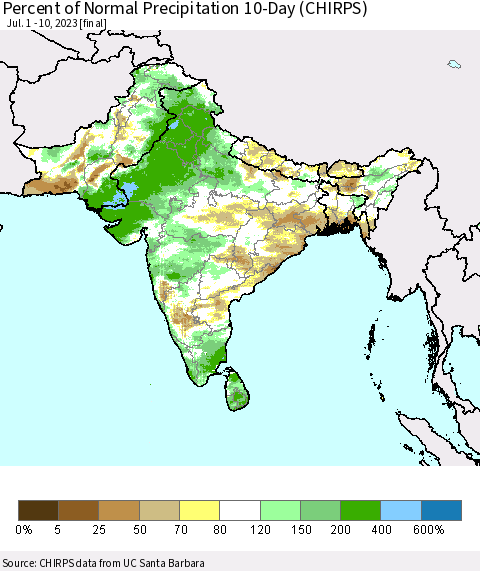Southern Asia Percent of Normal Precipitation 10-Day (CHIRPS) Thematic Map For 7/1/2023 - 7/10/2023