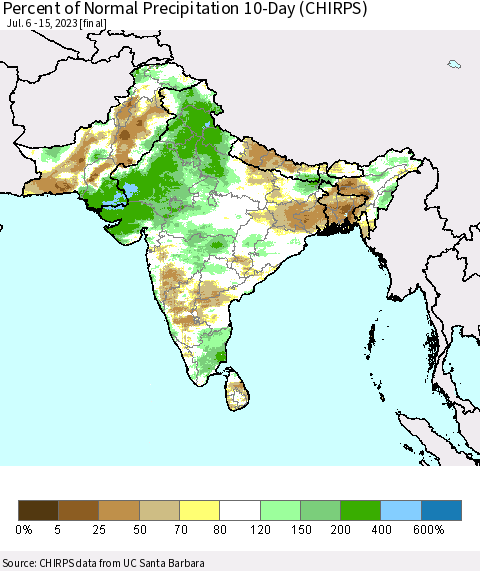 Southern Asia Percent of Normal Precipitation 10-Day (CHIRPS) Thematic Map For 7/6/2023 - 7/15/2023
