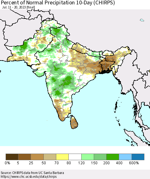 Southern Asia Percent of Normal Precipitation 10-Day (CHIRPS) Thematic Map For 7/11/2023 - 7/20/2023