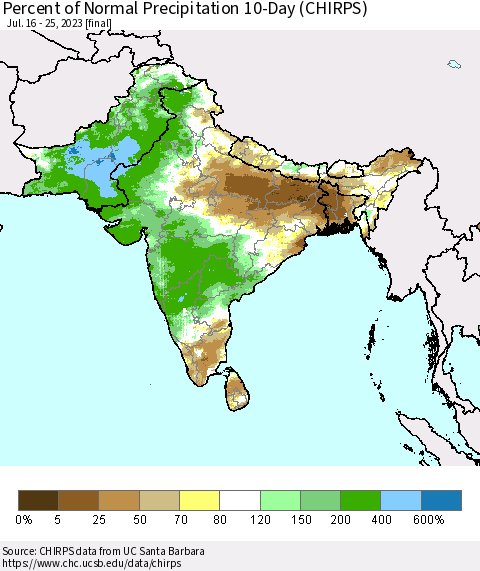 Southern Asia Percent of Normal Precipitation 10-Day (CHIRPS) Thematic Map For 7/16/2023 - 7/25/2023