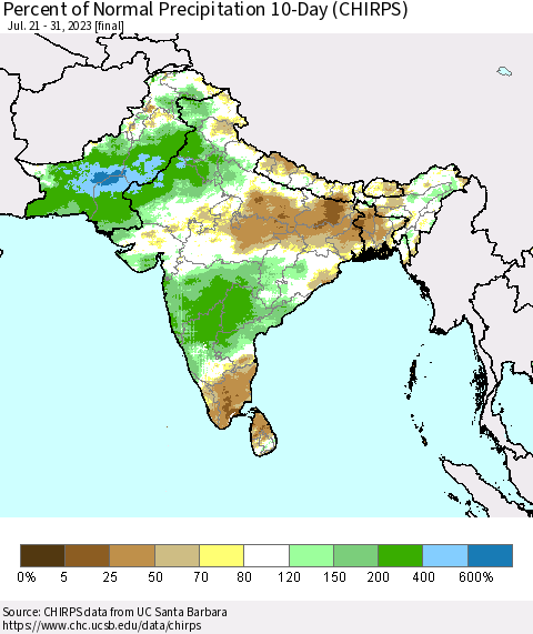 Southern Asia Percent of Normal Precipitation 10-Day (CHIRPS) Thematic Map For 7/21/2023 - 7/31/2023