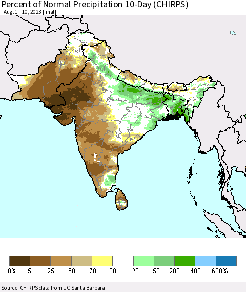 Southern Asia Percent of Normal Precipitation 10-Day (CHIRPS) Thematic Map For 8/1/2023 - 8/10/2023