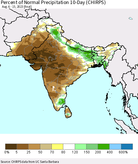 Southern Asia Percent of Normal Precipitation 10-Day (CHIRPS) Thematic Map For 8/6/2023 - 8/15/2023
