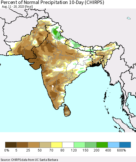 Southern Asia Percent of Normal Precipitation 10-Day (CHIRPS) Thematic Map For 8/11/2023 - 8/20/2023