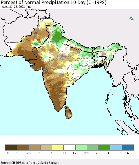 Southern Asia Percent of Normal Precipitation 10-Day (CHIRPS) Thematic Map For 8/16/2023 - 8/25/2023