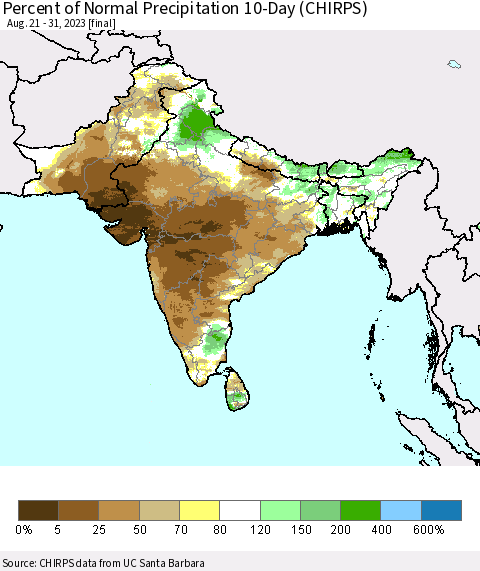 Southern Asia Percent of Normal Precipitation 10-Day (CHIRPS) Thematic Map For 8/21/2023 - 8/31/2023