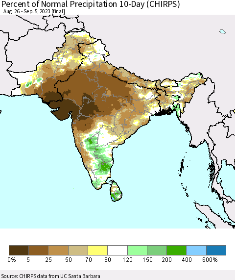 Southern Asia Percent of Normal Precipitation 10-Day (CHIRPS) Thematic Map For 8/26/2023 - 9/5/2023