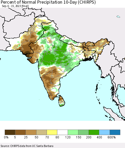 Southern Asia Percent of Normal Precipitation 10-Day (CHIRPS) Thematic Map For 9/6/2023 - 9/15/2023
