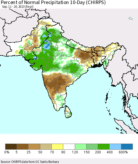 Southern Asia Percent of Normal Precipitation 10-Day (CHIRPS) Thematic Map For 9/11/2023 - 9/20/2023
