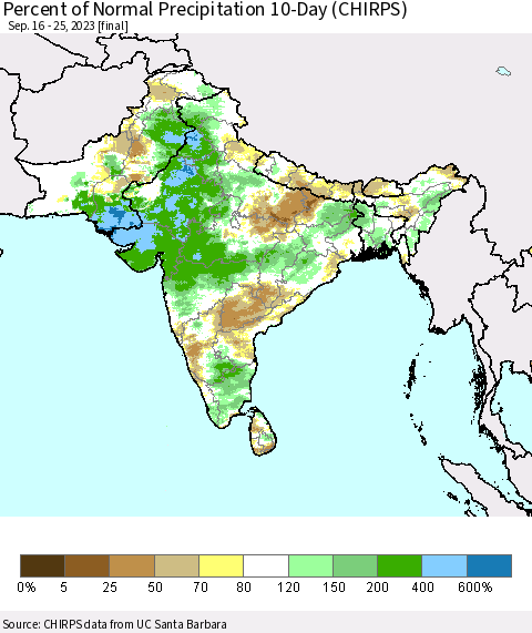 Southern Asia Percent of Normal Precipitation 10-Day (CHIRPS) Thematic Map For 9/16/2023 - 9/25/2023
