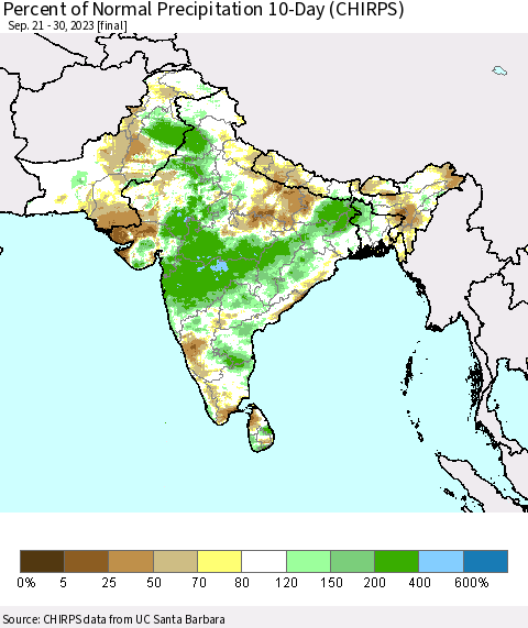 Southern Asia Percent of Normal Precipitation 10-Day (CHIRPS) Thematic Map For 9/21/2023 - 9/30/2023