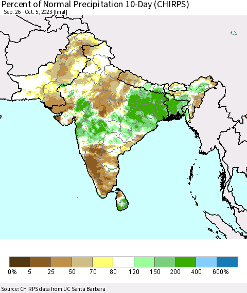 Southern Asia Percent of Normal Precipitation 10-Day (CHIRPS) Thematic Map For 9/26/2023 - 10/5/2023
