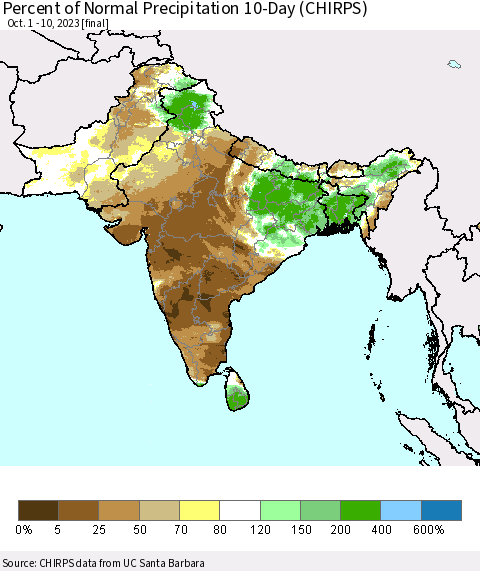 Southern Asia Percent of Normal Precipitation 10-Day (CHIRPS) Thematic Map For 10/1/2023 - 10/10/2023