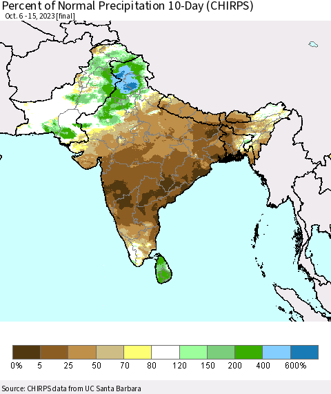 Southern Asia Percent of Normal Precipitation 10-Day (CHIRPS) Thematic Map For 10/6/2023 - 10/15/2023