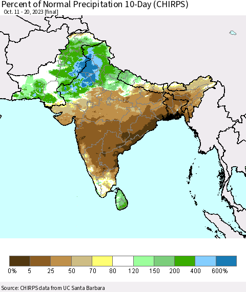 Southern Asia Percent of Normal Precipitation 10-Day (CHIRPS) Thematic Map For 10/11/2023 - 10/20/2023