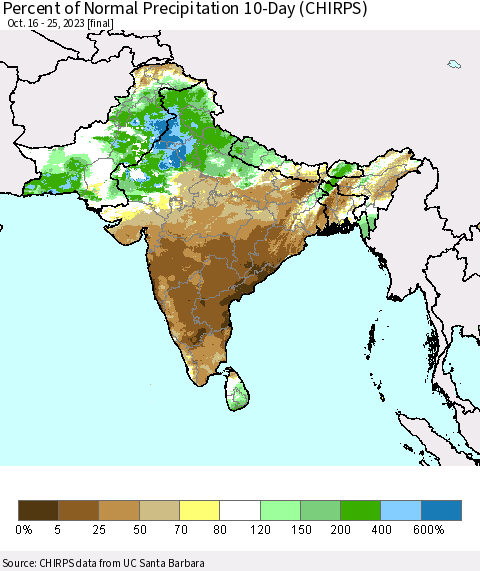 Southern Asia Percent of Normal Precipitation 10-Day (CHIRPS) Thematic Map For 10/16/2023 - 10/25/2023