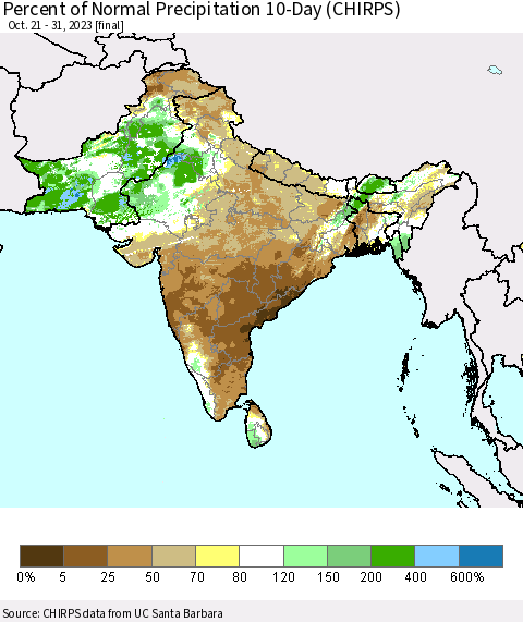 Southern Asia Percent of Normal Precipitation 10-Day (CHIRPS) Thematic Map For 10/21/2023 - 10/31/2023