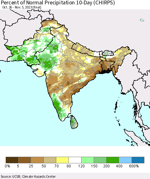 Southern Asia Percent of Normal Precipitation 10-Day (CHIRPS) Thematic Map For 10/26/2023 - 11/5/2023