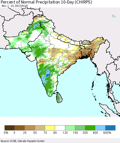Southern Asia Percent of Normal Precipitation 10-Day (CHIRPS) Thematic Map For 11/1/2023 - 11/10/2023