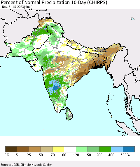 Southern Asia Percent of Normal Precipitation 10-Day (CHIRPS) Thematic Map For 11/6/2023 - 11/15/2023