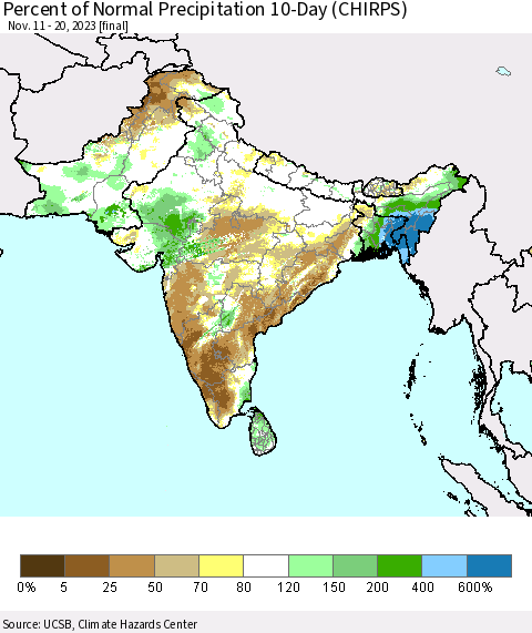 Southern Asia Percent of Normal Precipitation 10-Day (CHIRPS) Thematic Map For 11/11/2023 - 11/20/2023