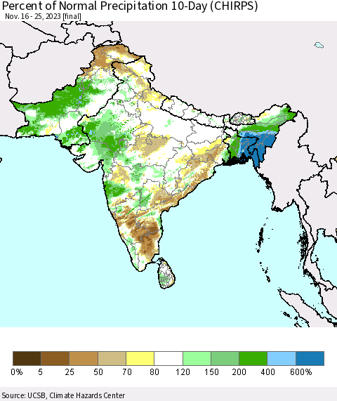 Southern Asia Percent of Normal Precipitation 10-Day (CHIRPS) Thematic Map For 11/16/2023 - 11/25/2023