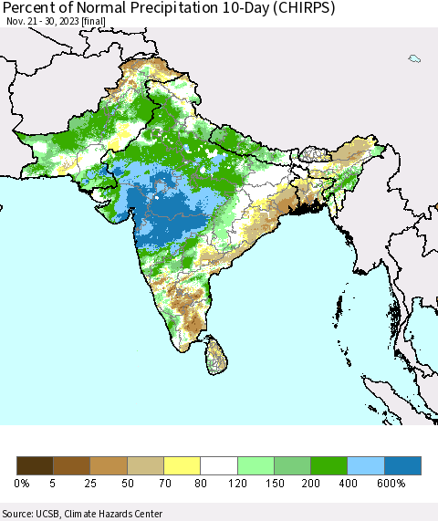 Southern Asia Percent of Normal Precipitation 10-Day (CHIRPS) Thematic Map For 11/21/2023 - 11/30/2023