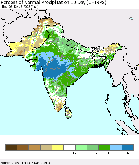 Southern Asia Percent of Normal Precipitation 10-Day (CHIRPS) Thematic Map For 11/26/2023 - 12/5/2023