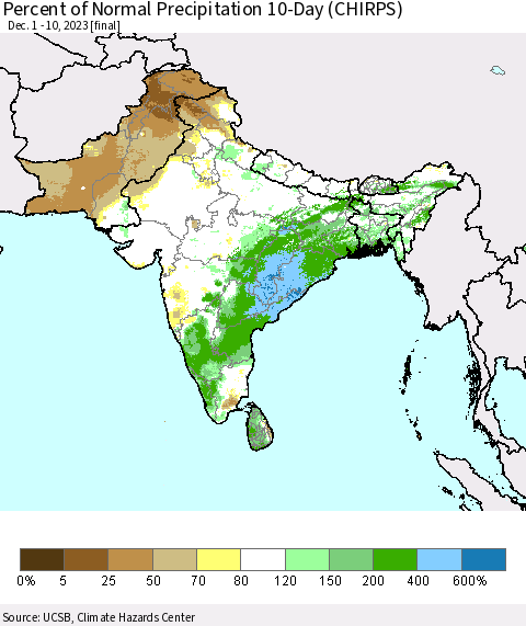 Southern Asia Percent of Normal Precipitation 10-Day (CHIRPS) Thematic Map For 12/1/2023 - 12/10/2023