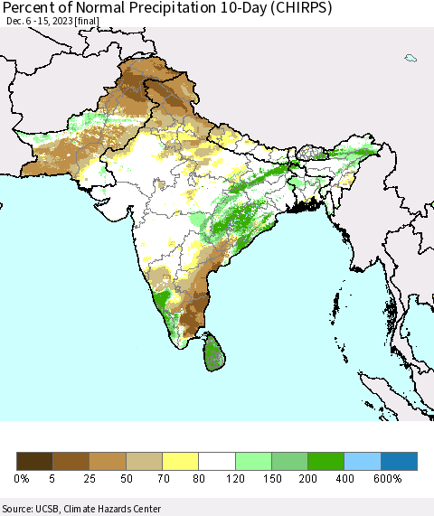 Southern Asia Percent of Normal Precipitation 10-Day (CHIRPS) Thematic Map For 12/6/2023 - 12/15/2023