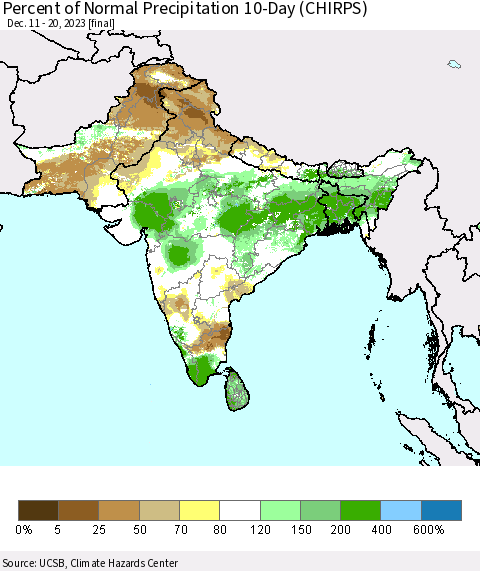 Southern Asia Percent of Normal Precipitation 10-Day (CHIRPS) Thematic Map For 12/11/2023 - 12/20/2023