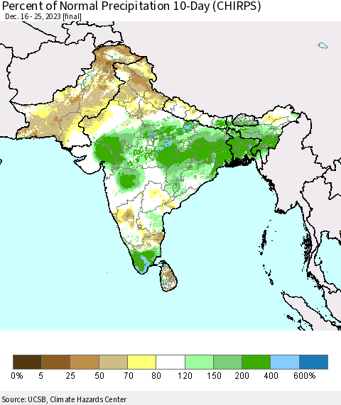 Southern Asia Percent of Normal Precipitation 10-Day (CHIRPS) Thematic Map For 12/16/2023 - 12/25/2023