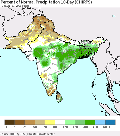 Southern Asia Percent of Normal Precipitation 10-Day (CHIRPS) Thematic Map For 12/21/2023 - 12/31/2023