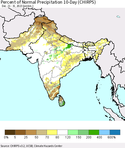 Southern Asia Percent of Normal Precipitation 10-Day (CHIRPS) Thematic Map For 12/21/2023 - 12/31/2023
